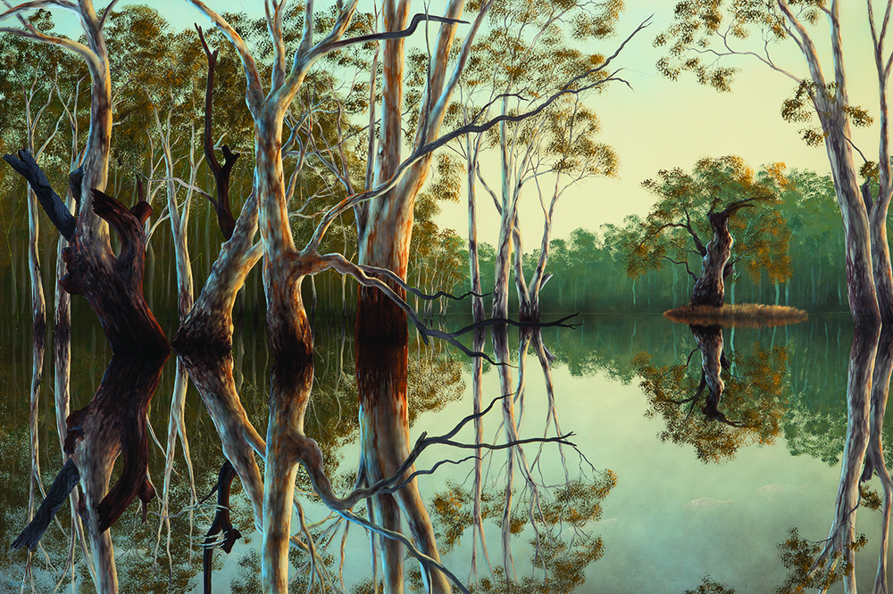 Digital image of a photorealistic painting featuring an Australian bush scene with gum trees emerging from floodwater; the reflections of the trees take up the bottom half of the painting.