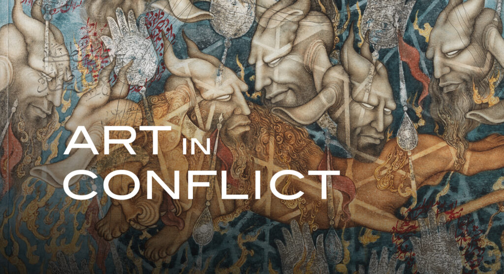 Exhibition promotional image featuring Dari script and demon-like male figures; text reads 'Art in Conflict'