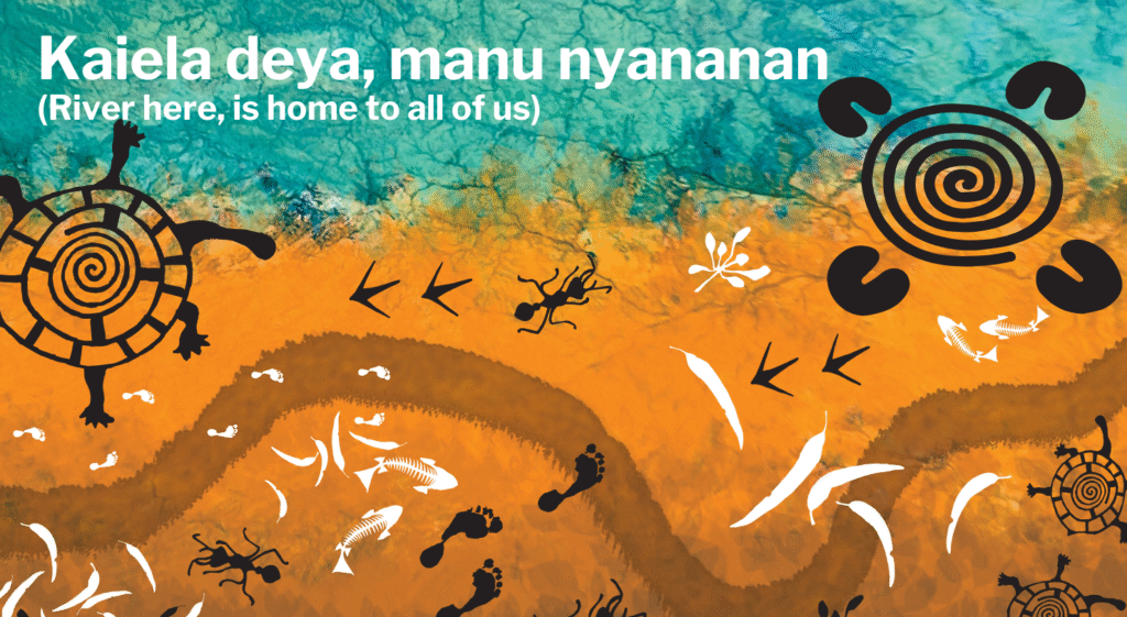 Digital image of an artwork featuring Aboriginal iconography including turtles, spirals, footprints, emu tracks, and fish bones