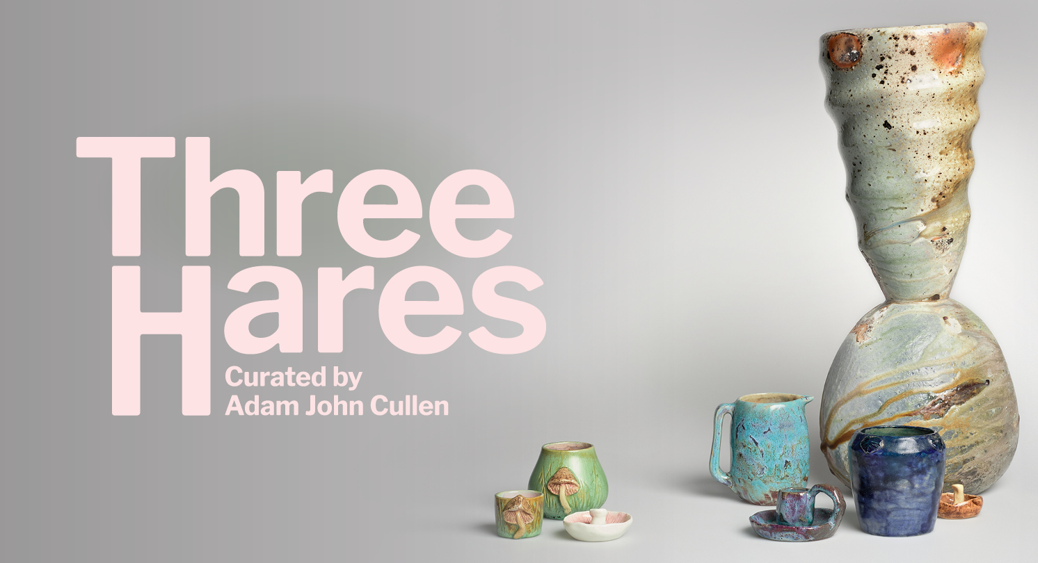 Web banner featuring exhibition title text and a photo of large and small ceramic vessels clustered together to the right.
