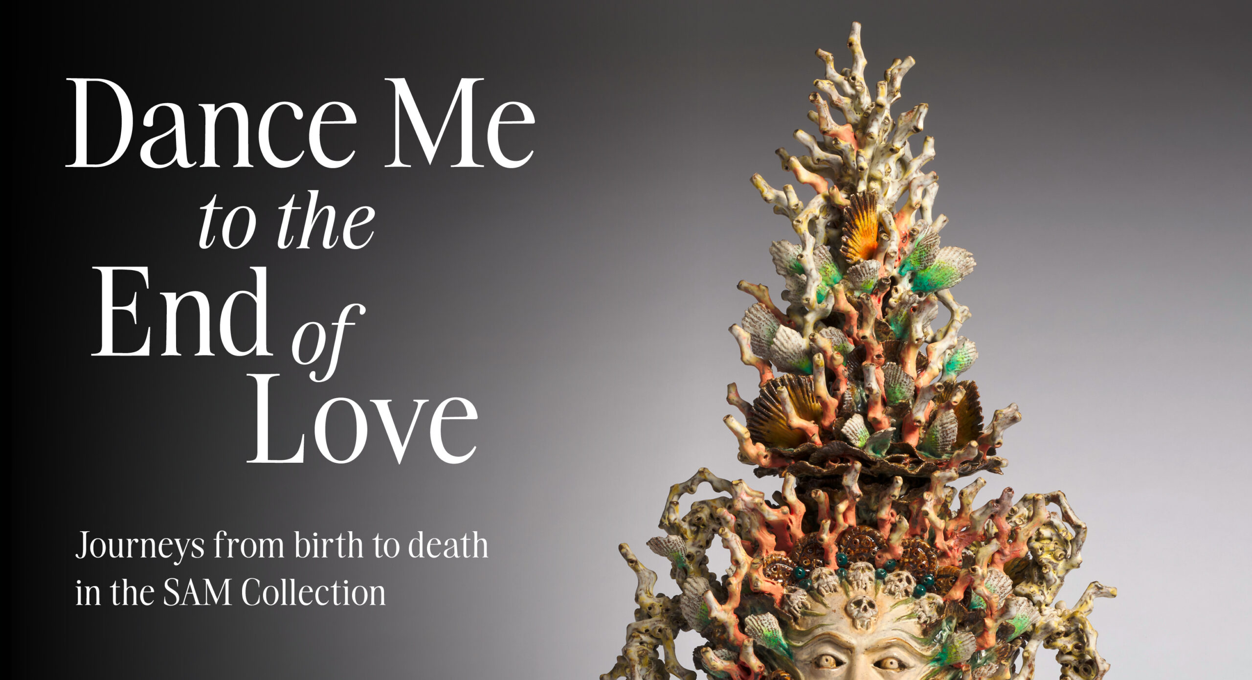 Web banner featuring a cropped photo of a ceramic sculpture of a woman's head with a tall crown of sea corals
