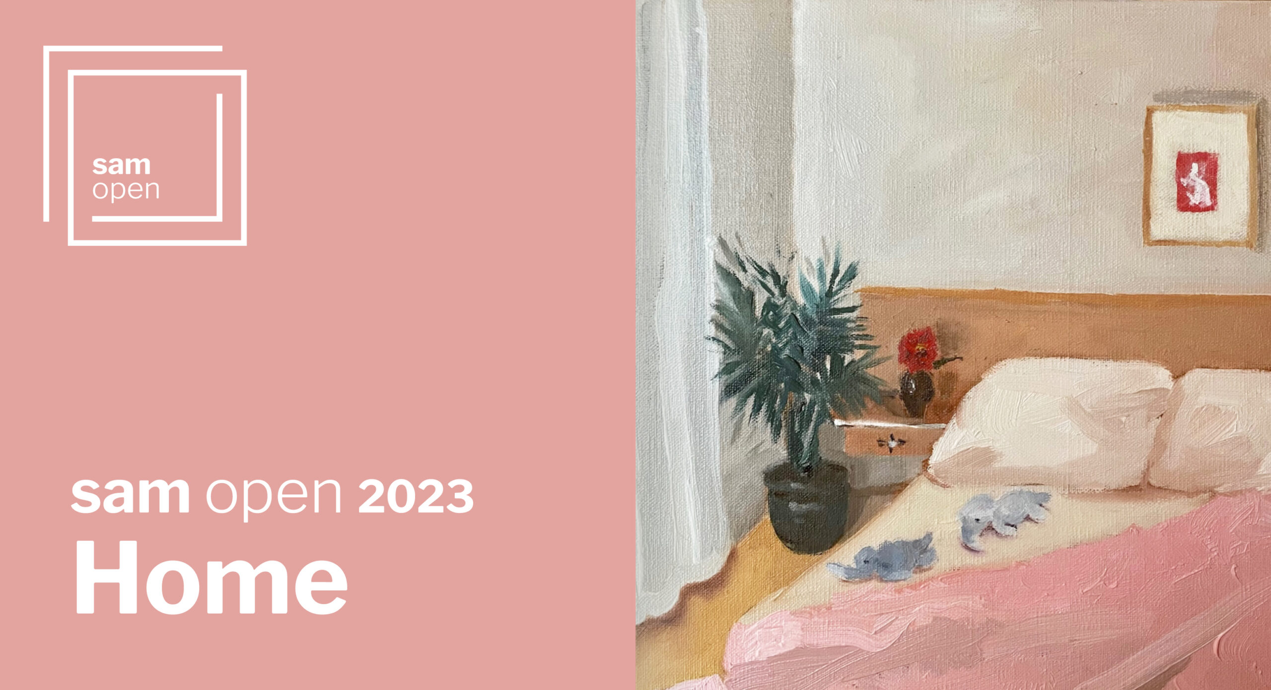 web banner image featuring a digital image of an painting showing a bedroom; the bed has the covers pulled back, and small stuffed elephant toys rest on the bed.