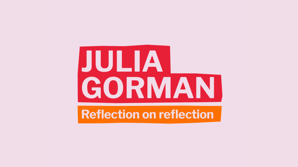 Pink web banner with red and orange tape graphic, featuring the exhibition title text 'Julia Gorman, Reflection on reflection'