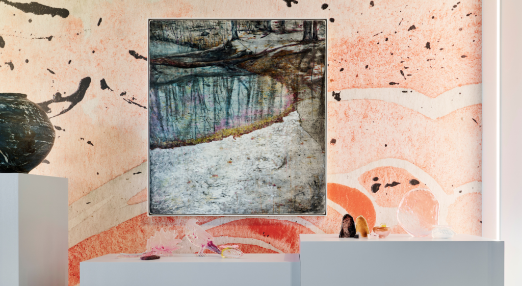 Photo of a display case featuring orange-coloured wallpaper, small glass objects, and a hanging painting